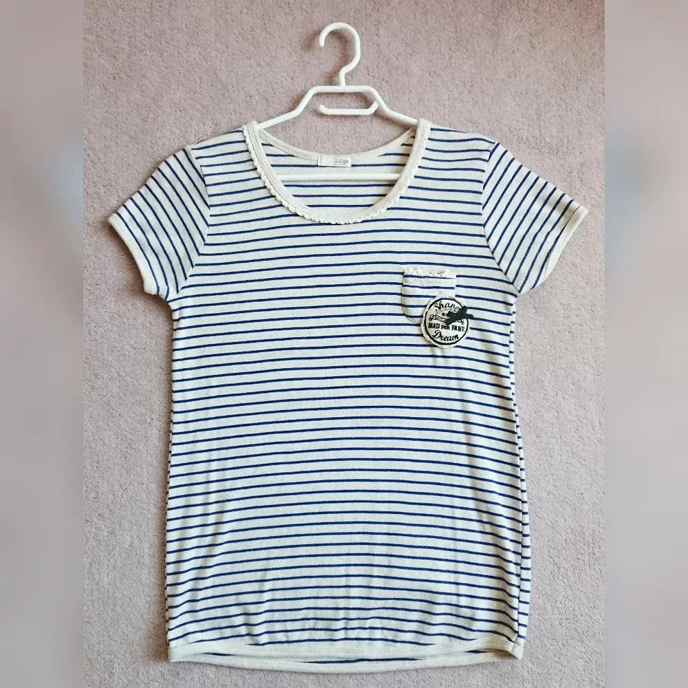 Striped Crochet Trim T-Shirt + White Pleated Mini Skirt Set - Picture 3 of 16